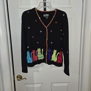 Berek Black Sweater with Colorful Cat Embroidery Size Medium